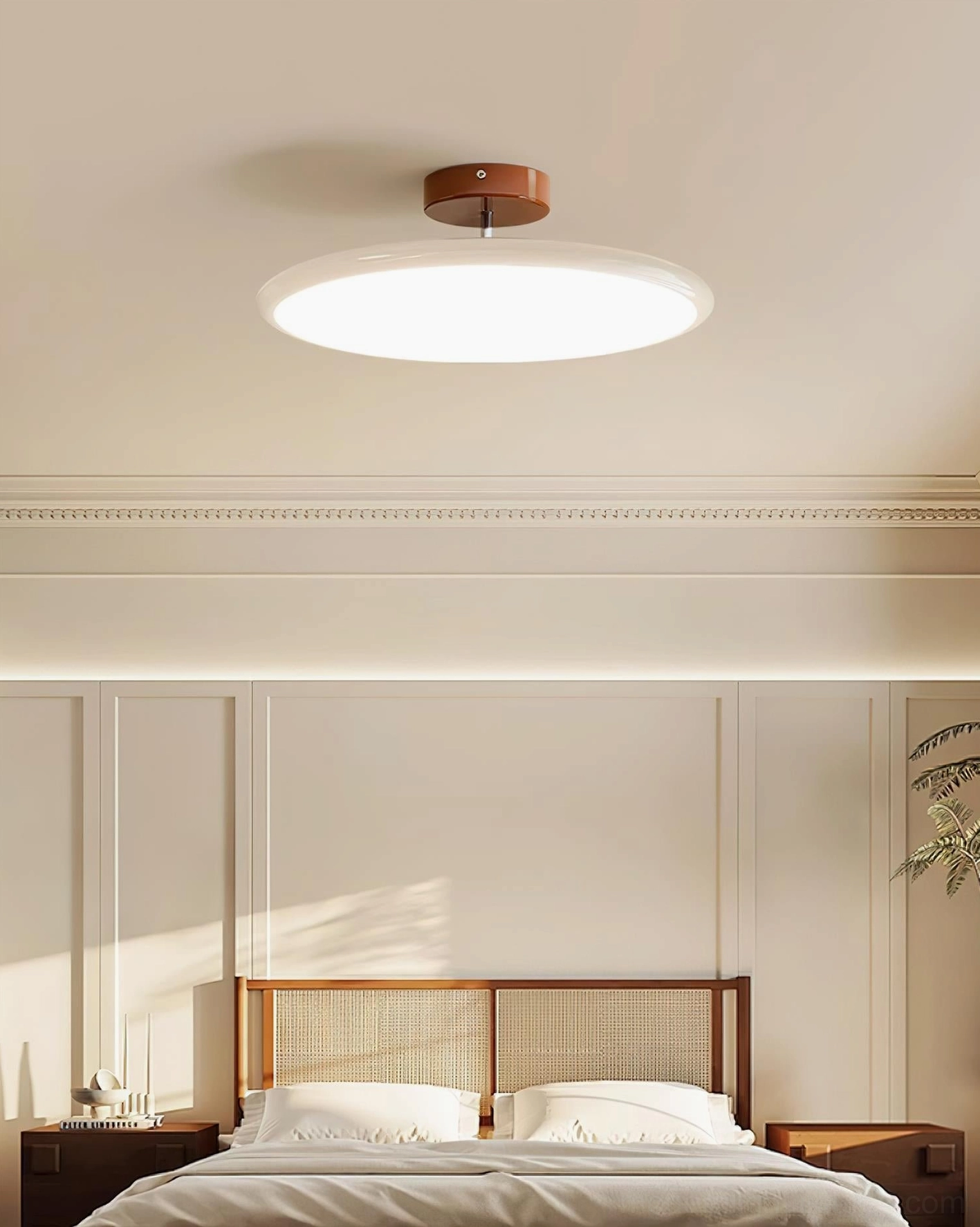 Zayn modern ceiling fixture with white acrylic disc and brown metal base installed in classic master bedroom with warm ambient lighting