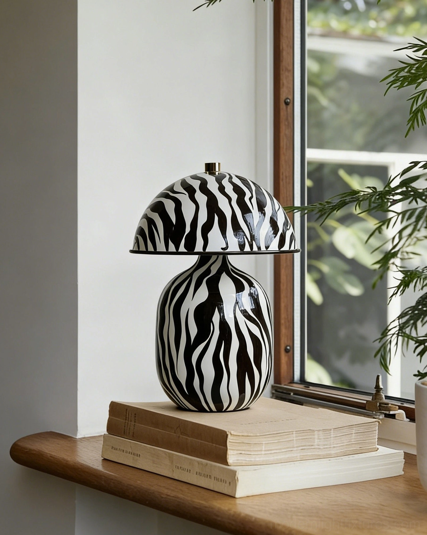 Zebra stripe printed ceramic mushroom table lamp with modern animal print aesthetic