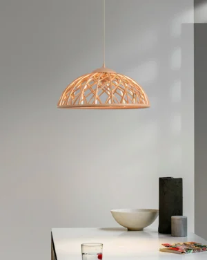 Zeela apricot woven rope pendant lamp creating warm ambient light in minimalist home setting