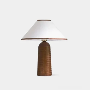 Zenith conical table lamp with white linen shade and textured wood base, front studio view on white background