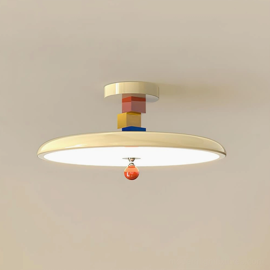 Zeno beige matte finish ceiling light fixture close-up with gold hardware and orange pendant