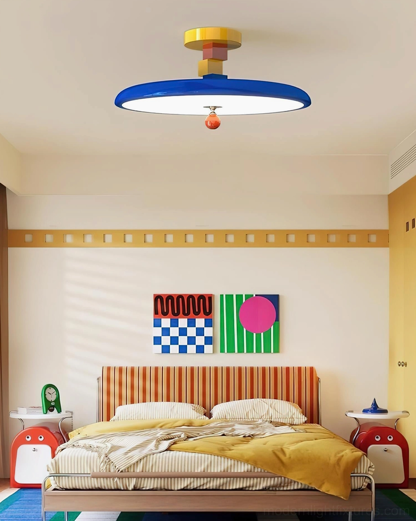 Zeno blue geometric ceiling light in contemporary bedroom with striped headboard and pop art wall
