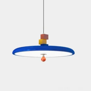 Zeno modern disc pendant light with blue shade and colorful geometric block finial, studio overhead view, Memphis design style
