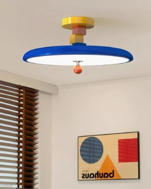 Zeno artistic ceiling light fixture installed in contemporary bedroom with abstract wall art