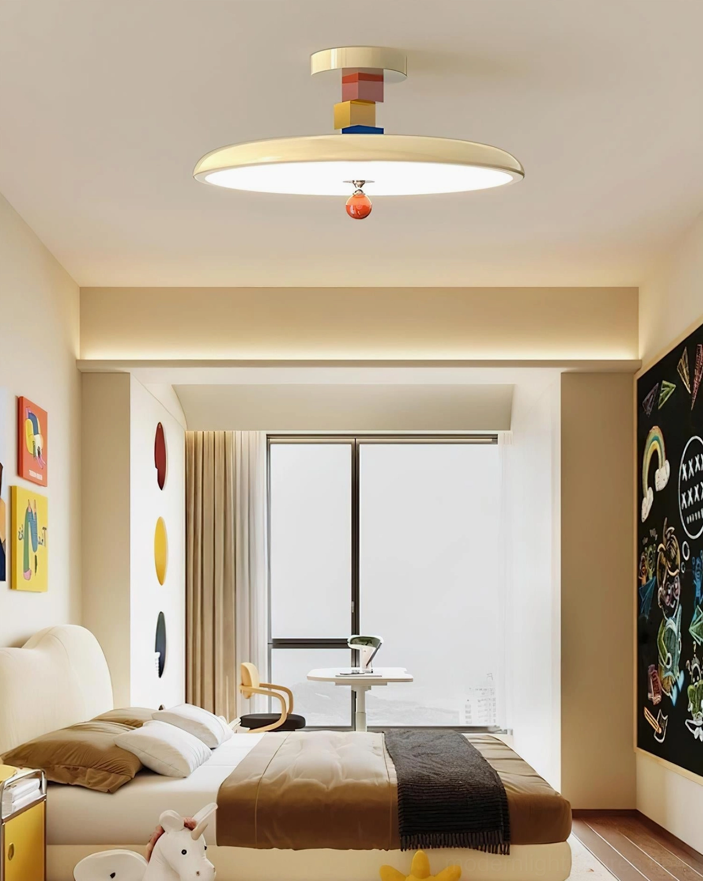 Zeno beige ceiling light fixture in master bedroom with large window and wall decals