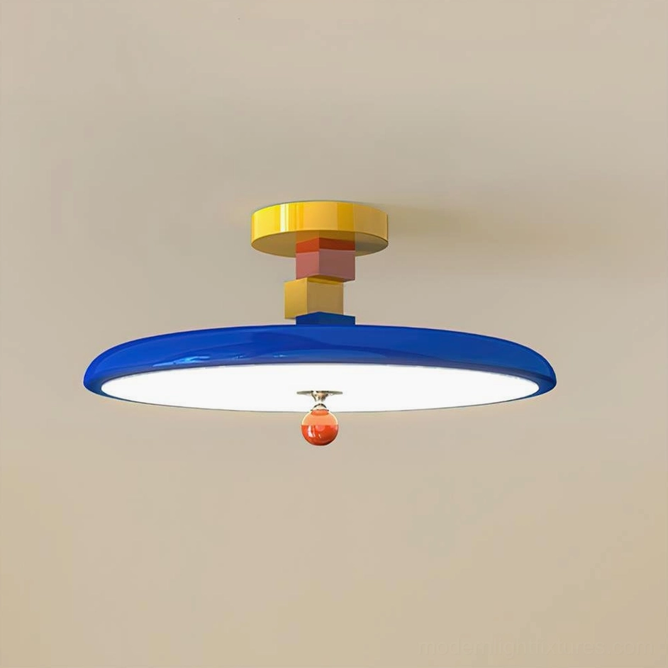 Zeno blue disc ceiling light close-up detail with glossy finish and orange hanging bead