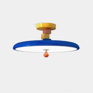 Zeno modern geometric ceiling light with blue disc shade and gold metal mount in studio front view