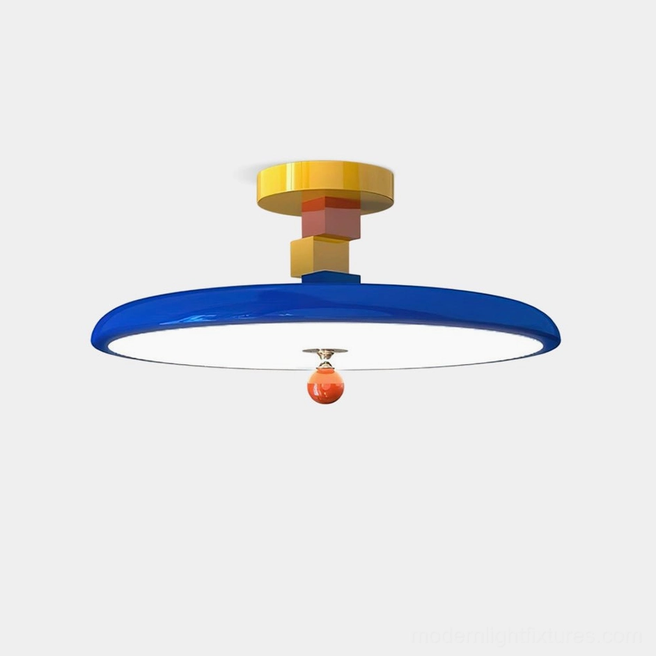Zeno modern geometric ceiling light with blue disc shade and gold metal mount in studio front view