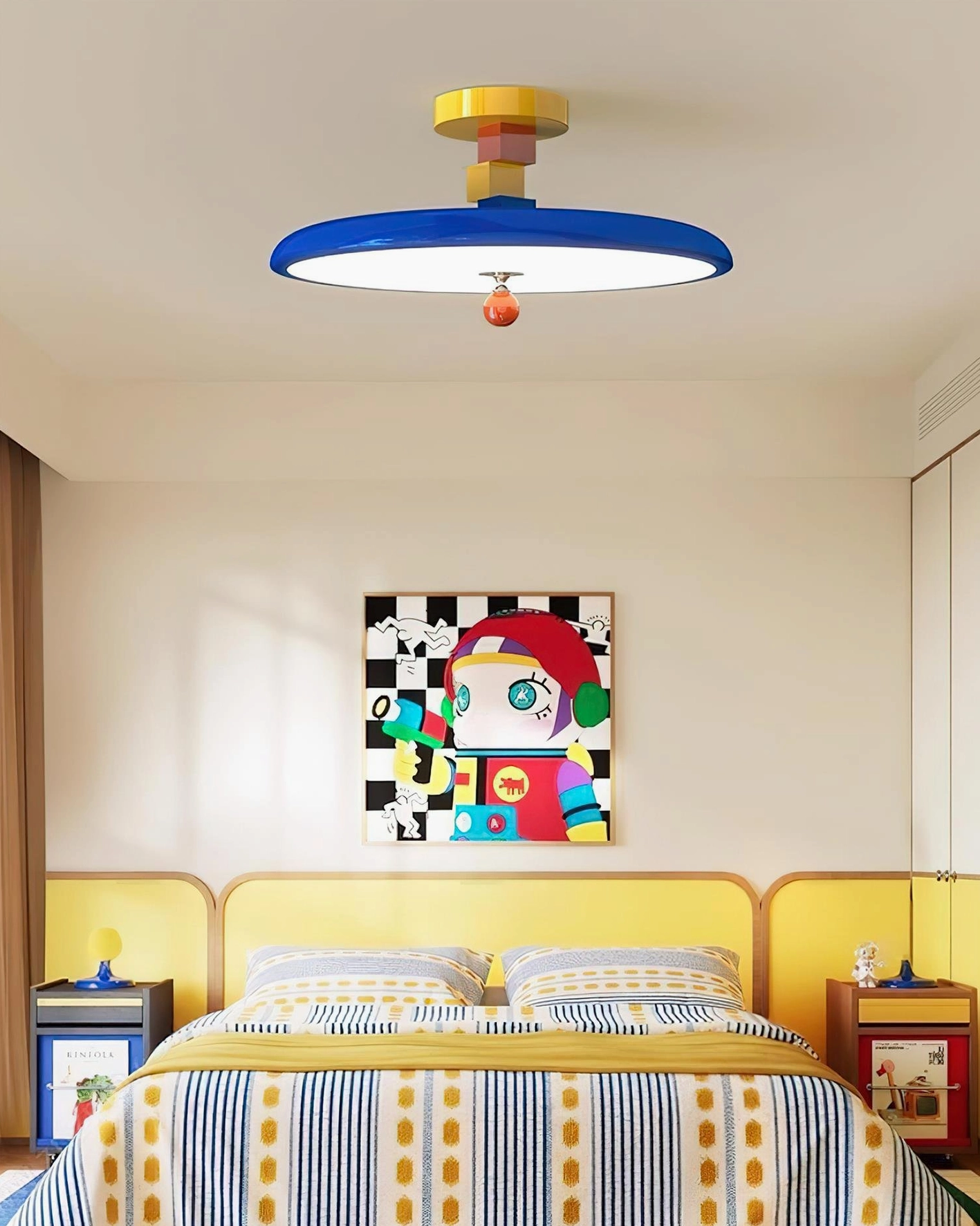 Zeno modern flush mount ceiling light in children's room with playful yellow bed and colorful décor