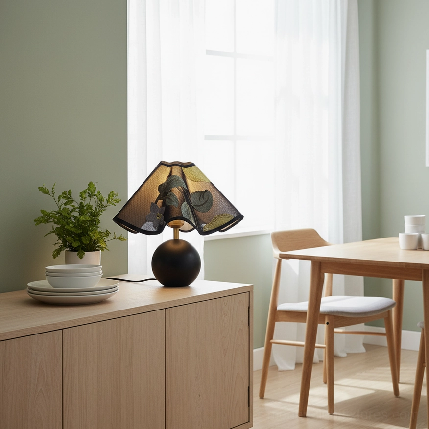 Zerina table lamp in dining nook with black wood base positioned on table with tableware and plants