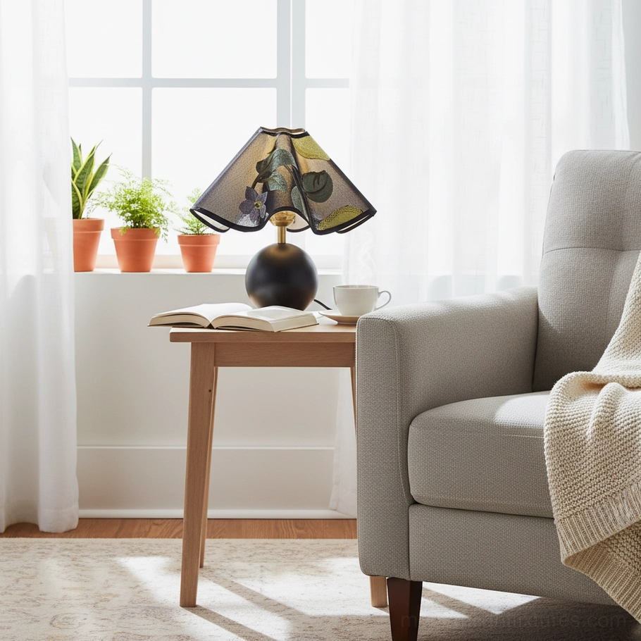 Zerina table lamp with floral embroidered shade in sunlit lounge area creating cozy ambiance