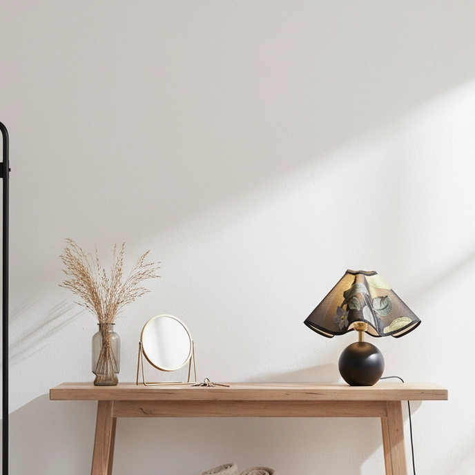 Zerina embroidered fabric table lamp with wooden base multiple angle product view