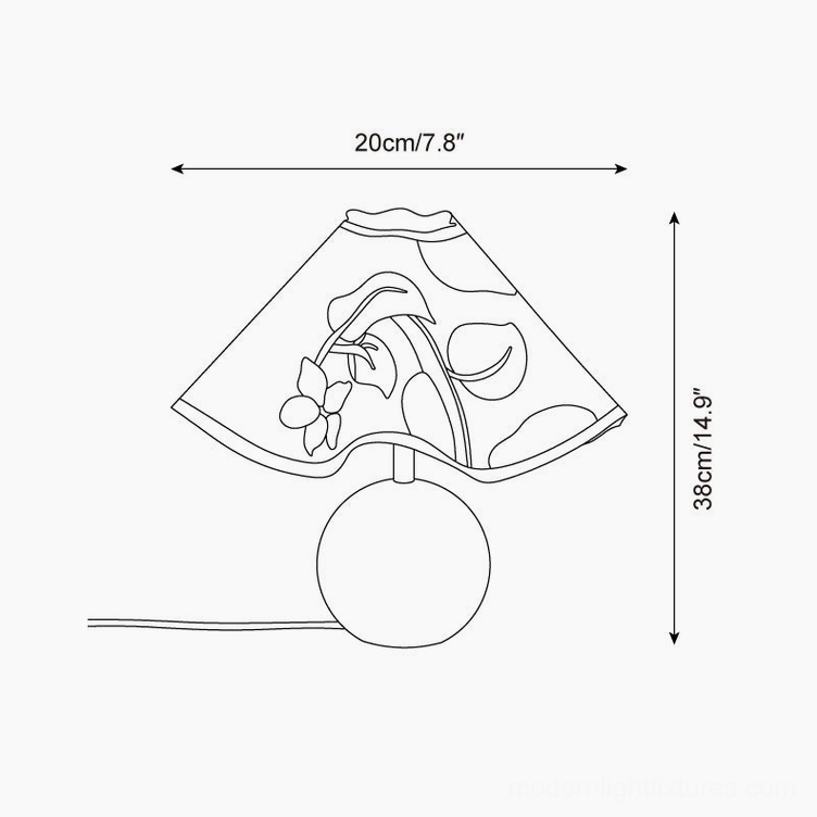 Zerina table lamp dimension diagram showing 20cm width and 38cm height specifications