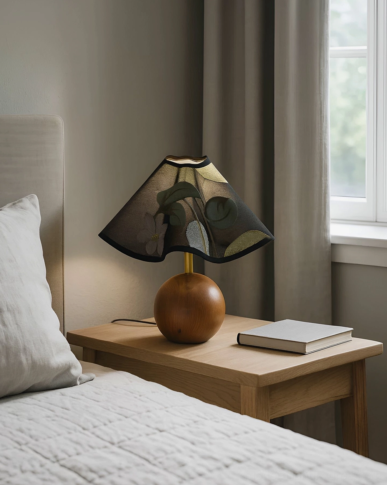 Zerina table lamp with walnut color base and embroidered fabric shade product showcase