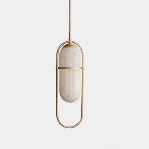 Zesta modern pendant light with brass gold metal frame and ribbed frosted glass shade, front overhead studio view