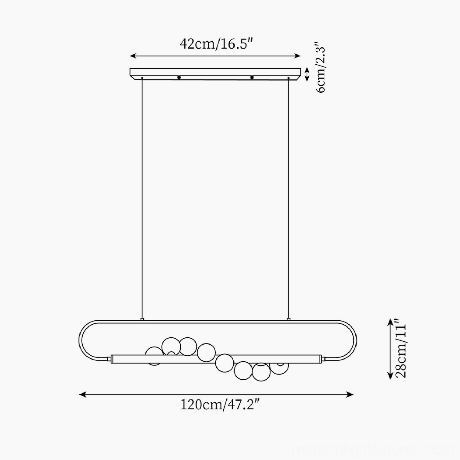 Zeta 120cm Linear Chandelier technical drawing with detailed measurements for large dining table pendant installation