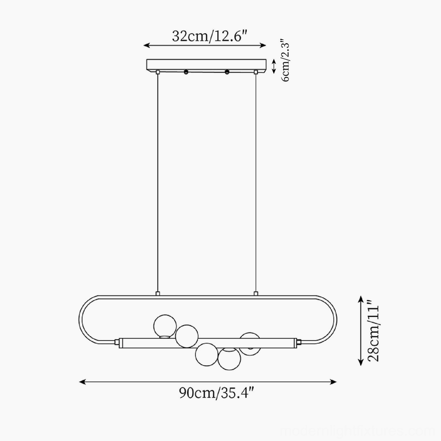 Zeta 90cm Linear Chandelier technical drawing with dimensional markings and specifications for modern minimalist pendant light