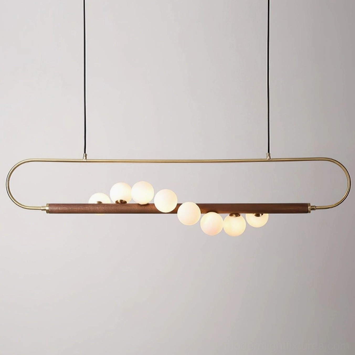 Zeta Linear Chandelier 120cm model showing extended length for large six-seat dining surfaces and expansive kitchen prep areas
