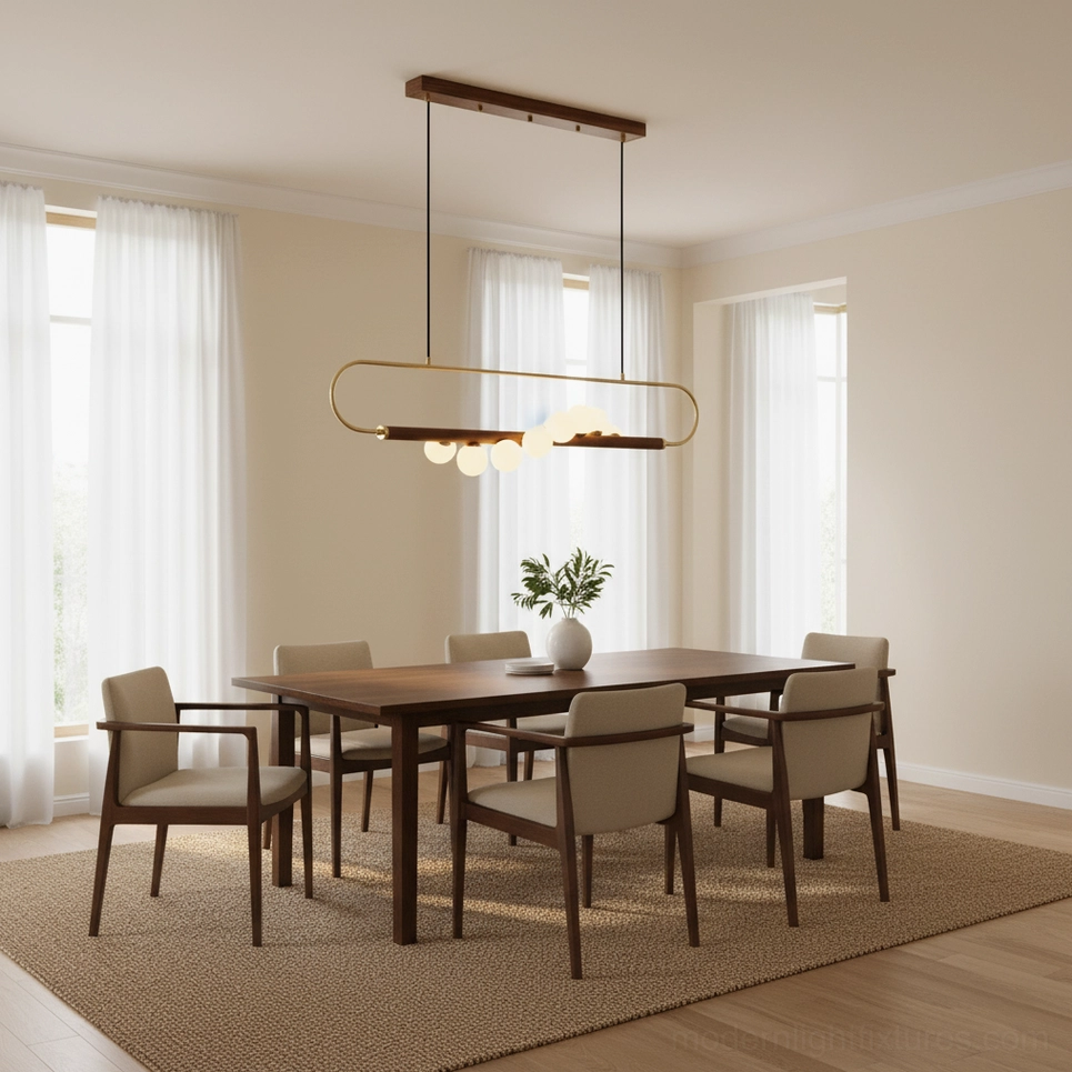 Zeta Linear Chandelier full installation shot in contemporary dining space showing proportional scale and lighting distribution