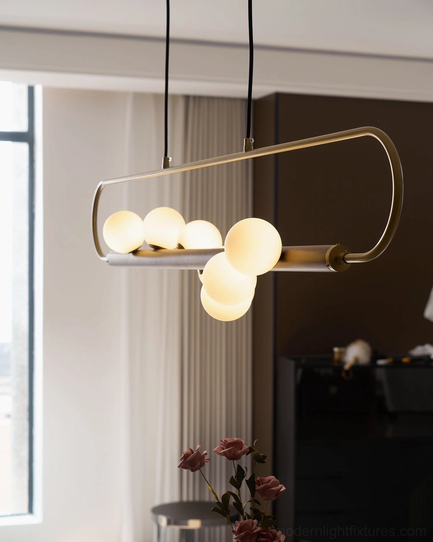 Zeta Linear Chandelier in modern minimalist dining space showing clean lines and coordination with contemporary interior design