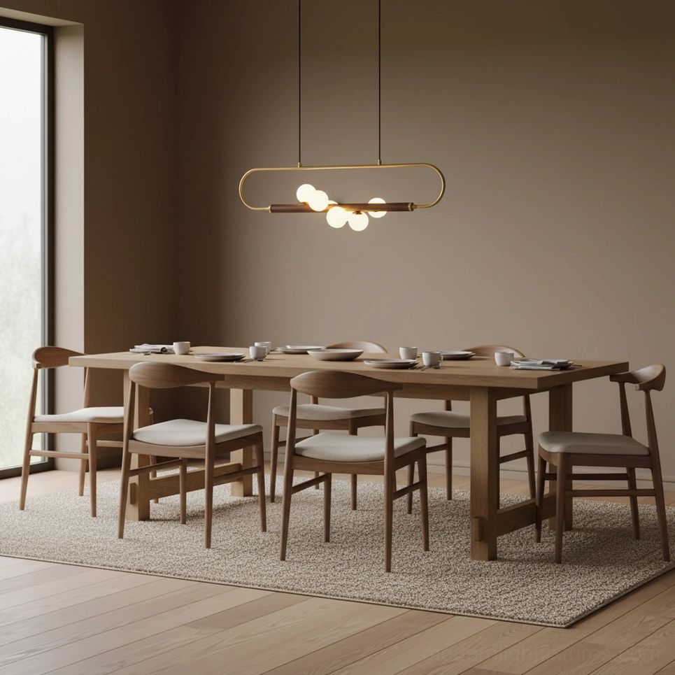 Zeta Linear Chandelier side profile showing clean minimalist lines and proportional walnut bar width above dining setting
