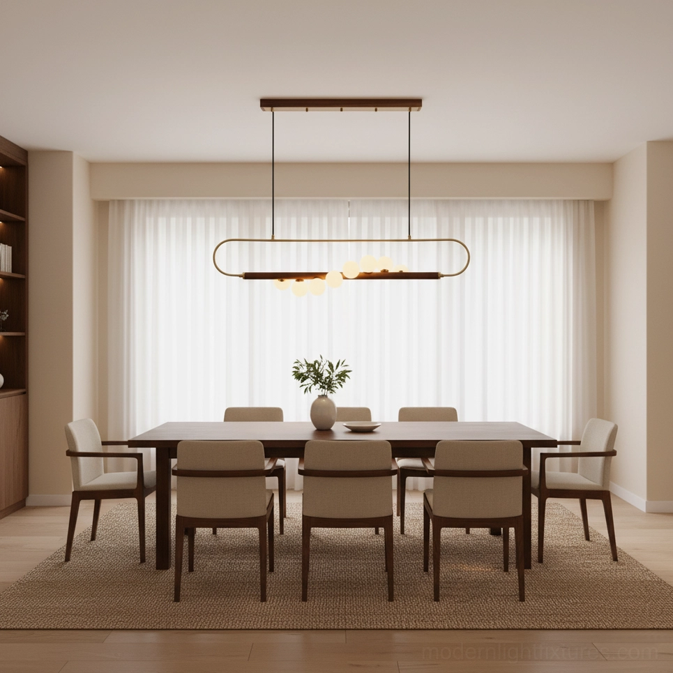 Zeta Linear Chandelier creating warm ribbon of light above formal dining room table with coordinated wood furniture and elegant place settings