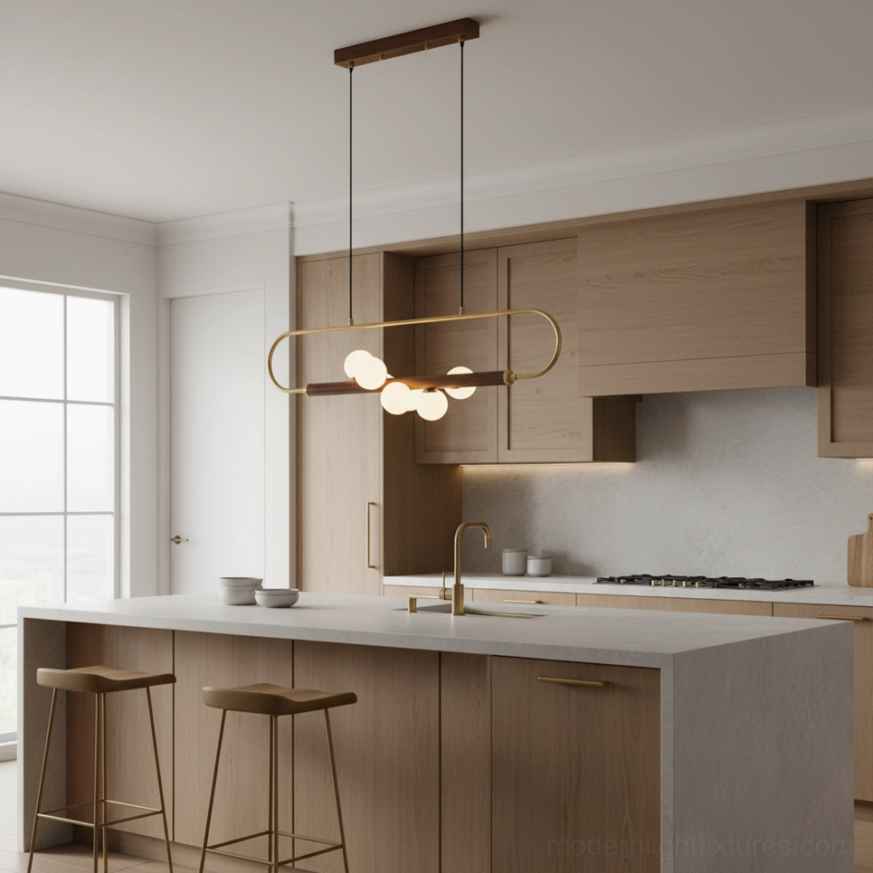 Zeta Linear Chandelier eye-level view above contemporary kitchen counter with walnut wood bar, gold metal frame, and frosted globe shades