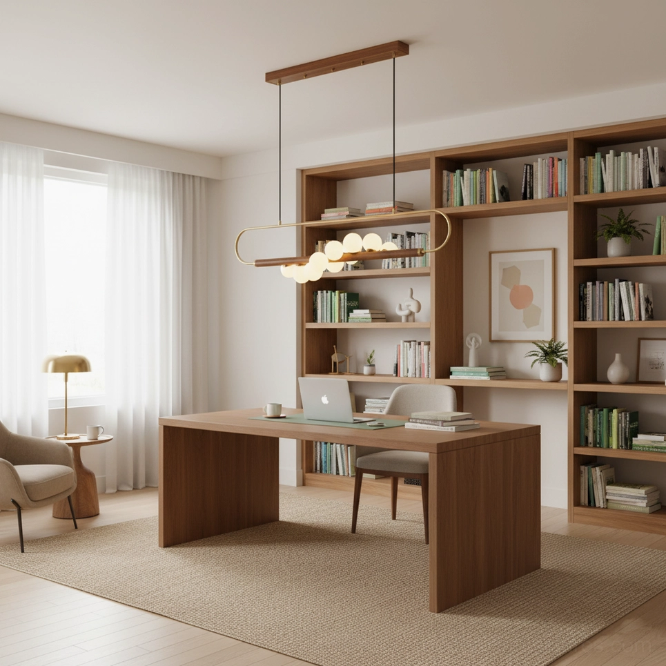 Zeta Linear Pendant Light suspended in home office study with warm brass finish above workspace and neutral warm decor