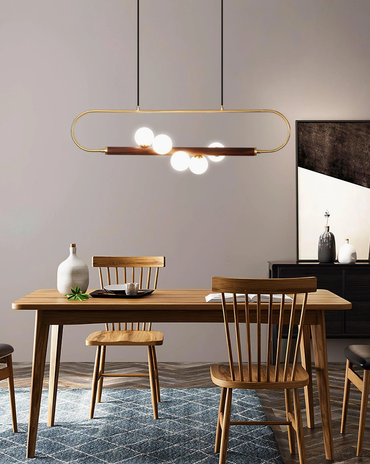 Zeta Linear Pendant 90cm model specifications showing length proportion for four-seat dining tables and standard islands