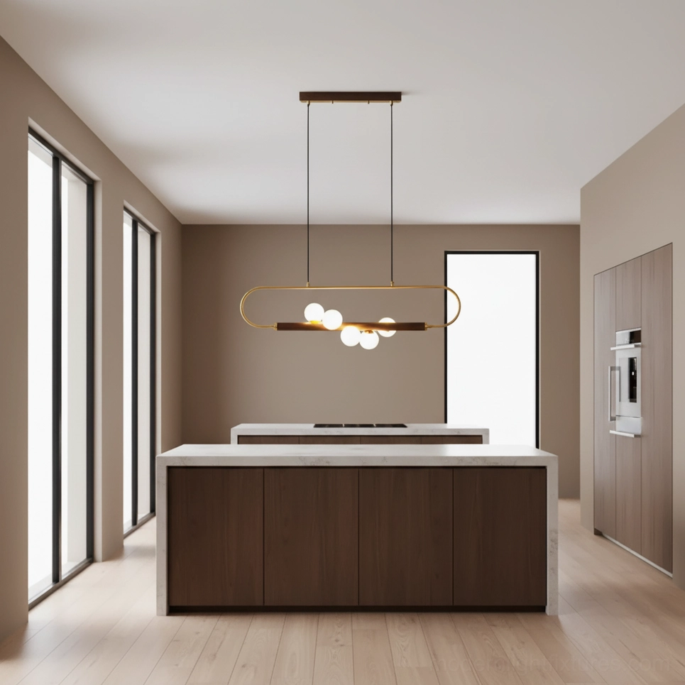 Zeta Linear Pendant close-up of brass hardware fixtures and walnut wood material showing craftsmanship and wood grain detail
