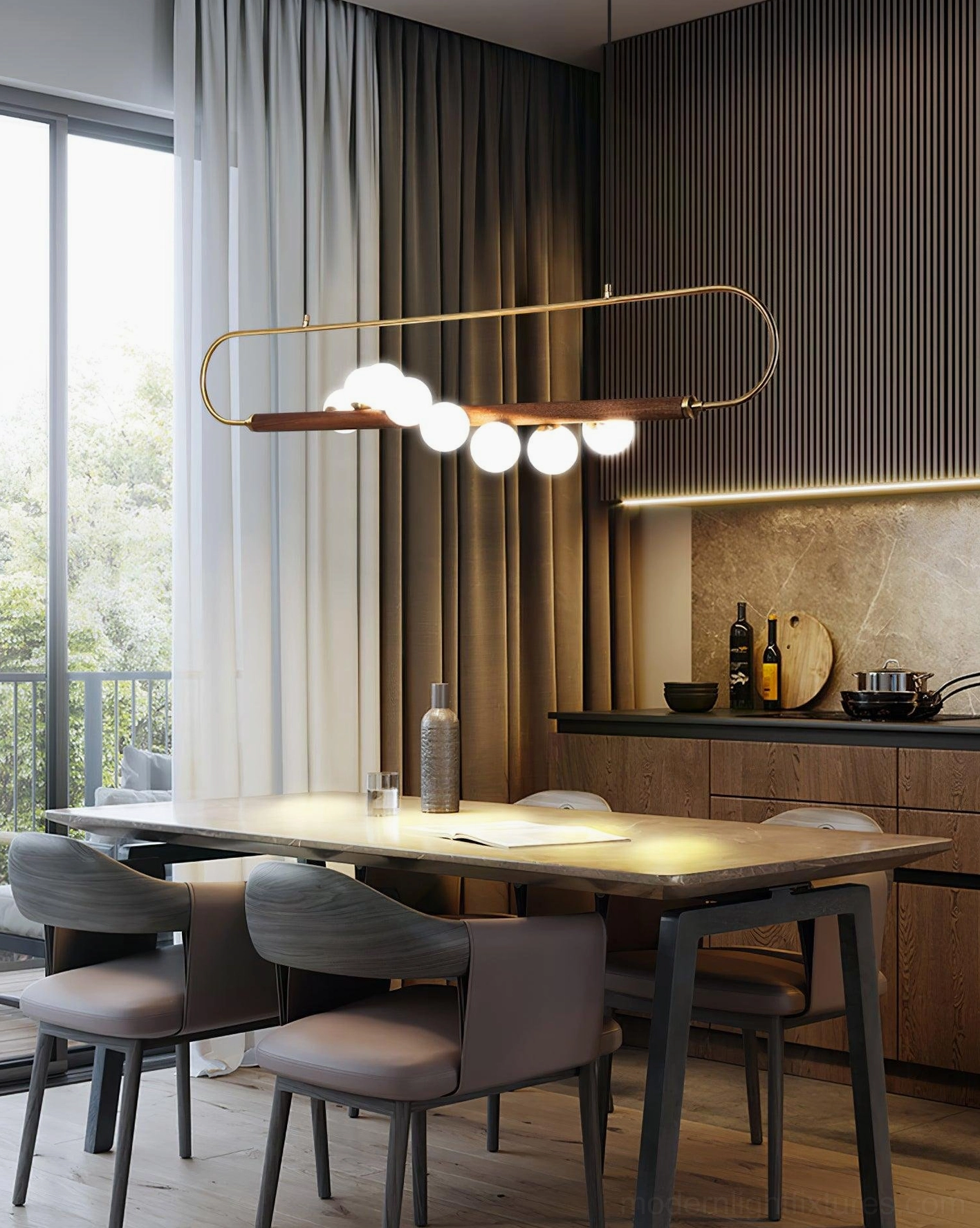 Zeta Linear Pendant Lamp full view showing continuous ribbon light output from five synchronized frosted glass shades
