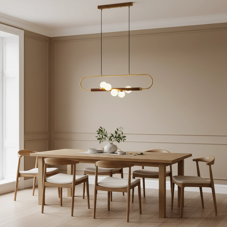 Zeta Linear Pendant Lamp hanging illuminated showing warm continuous ribbon of light and glass globe diffusion pattern