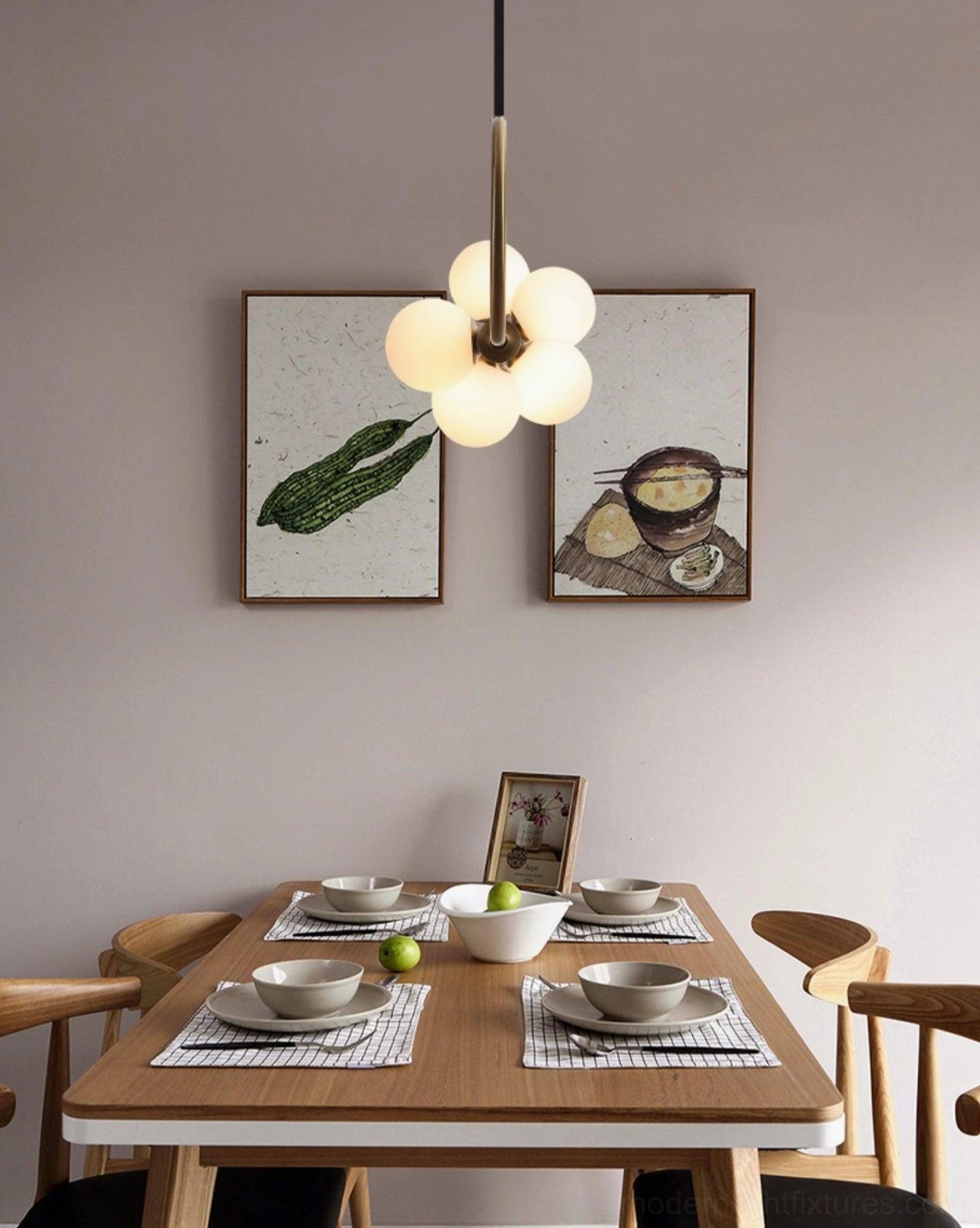 Zeta Linear Pendant with five frosted white glass globes photographed upward angle showing Nordic minimalist design and gold metal hardware