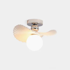 Zinola shell ceiling light fixture with matte white finish and polished chrome accents, front view studio photography