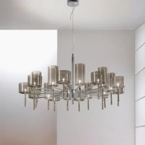 Zonia smoked glass chandelier installed in modern luxury residential interior, brown tinted glass shades