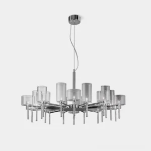 Zonia modern crystal chandelier with clear goblet glass shades and polished chrome frame, frontal studio view