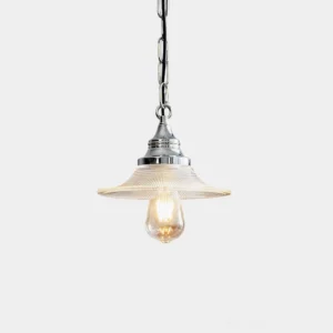 Zowie vintage industrial pendant light with prismatic ribbed glass shade and polished chrome finish, front view on white background
